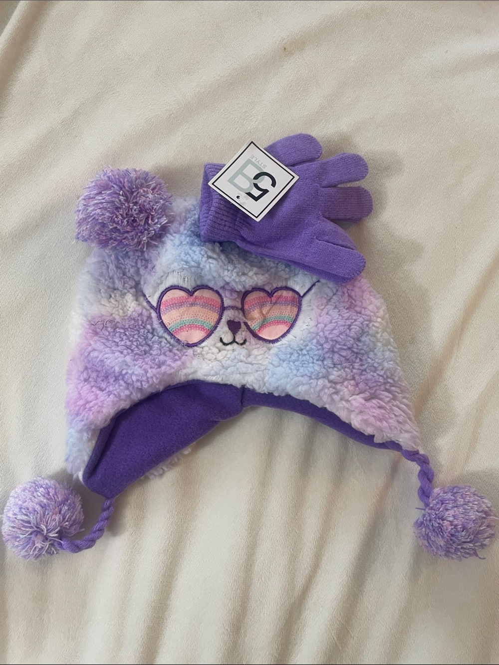 ❤️Kids Purple Plush Heart-Eyed Animal Winter Hat & Gloves Set
